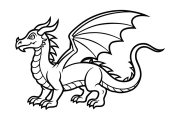 Cartoon Dragon Black and White Line Art Vector Illustration