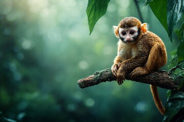 Obraz premium Baby monkey in tropical jungle — cute squirrel monkey sitting on tree branch in rainforest