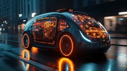 Futuristic self-driving vehicle navigating a rain-slick city street at night - Powered by Adobe