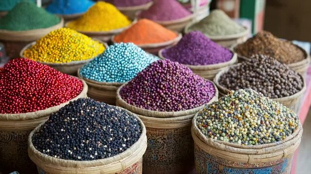 Vibrant piles of colorful spices in woven baskets at a market