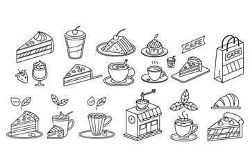 Cute vector icons set for Christmas, food, and drink, with coffee, cake, and tea cup illustrations