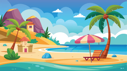 Cartoon Beach Scene with Palm Trees, Buildings, Mountains, and Ocean View