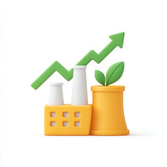 Eco friendly growth concept with factory, plant, and upward arrow representing sustainable development and environmental