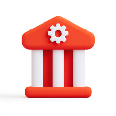 Stylized illustration of bank building with gear symbol top, representing financial management or banking technology
