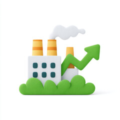 Factory building with smokestacks, green upward arrow indicating growth, surrounded by green bushes, symbolizing industrial