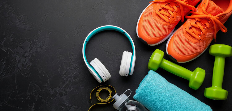 Flat lay of fitness items on dark background: orange sneakers, green dumbbells, headphones, towel, water bottle, and measuring tape.  Showcase of healthy lifestyle concept