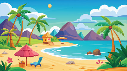 Vibrant Cartoon Illustration of a Tropical Beach with Palm Trees, Hut, and Mountains