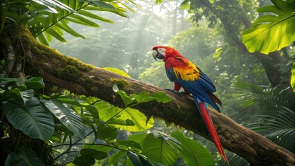 Obraz premium Vibrant scarlet macaw perched on mossy branch in lush tropical rainforest