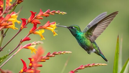 Fototapeta premium Vibrant green hummingbird feeding on crocosmia flowers