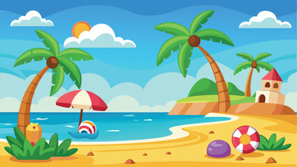 Fototapeta na wymiar Cartoon Beach Scene with Palm Trees, Ocean, House and Summer Elements Artwork