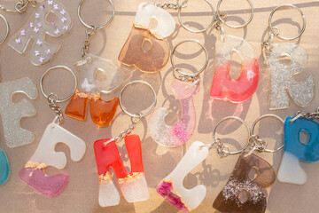 UV resin letter keychains detail
