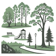 Set of flat forest and park elements, combined in landscapes views