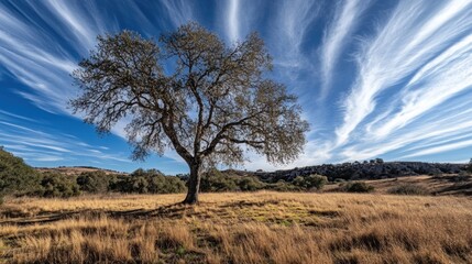 Solitary oak tree in a dry meadow under a dramatic sky.