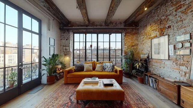 Exposed brick loft with large windows, hardwood floors, and vintage furniture