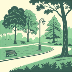 Set of flat forest and park elements, combined in landscapes views