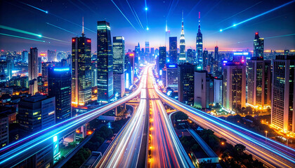 Fototapeta premium Vibrant Metropolis Nighttime Cityscape with Illuminated Roads and Skyscrapers