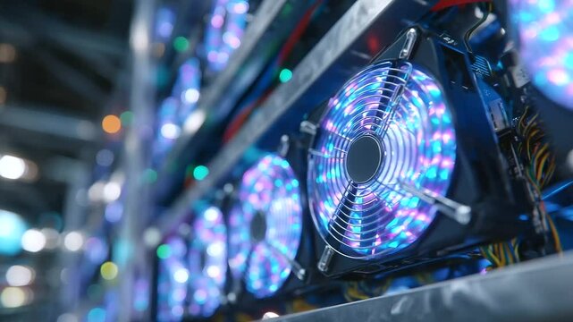 Close-up of glowing GPU rigs in a dark server room, vibrant hash code reflections dance across metallic surfaces, with cooling fans spinning intensely