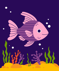 Tropical Fish with algae and coral on seabed on blue background. Vector illustration. Kids collection