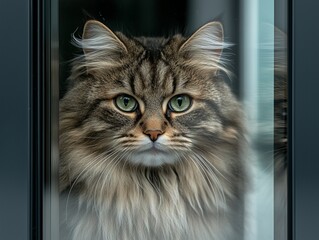 Fluffy striped cat with green eyes looks through a window, softly lit by natural daylight.