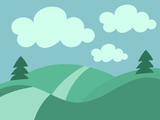 Obraz premium Minimalist Summer Landscape with Hills, Pine Trees and Winding Path, Serene Nature Background, Vector Illustration