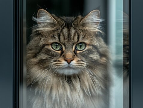 Fluffy striped cat with green eyes looks through a window, softly lit by natural daylight.