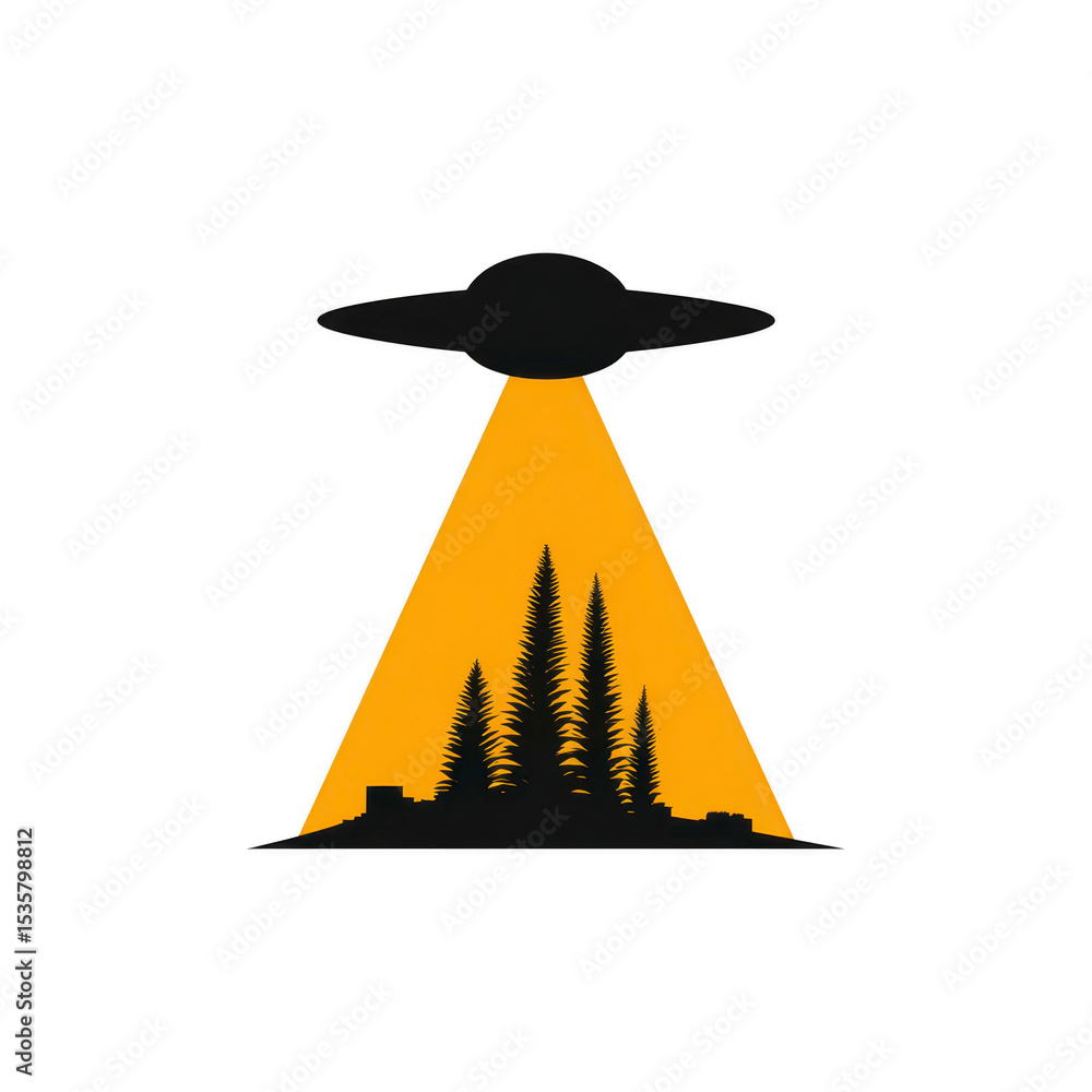 Aufkleber ufo shines beam of light over forested landscape, creating mysterious and intriguing scene. silhouet
