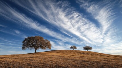 Three trees stand on a golden hill under a dramatic sky.