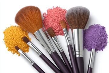 Makeup brushes with colorful powder on white background