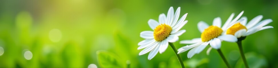 Fototapeta premium Close-up of daisy flowers in soft focus with dew drops on green grass, freshness, macro, botany