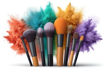 Makeup brushes with colorful powder on white background
