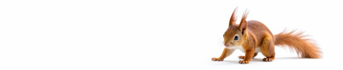 Obraz premium Close-up of eurasian red squirrel with fluffy tail on white background, adorable, red, squirrel