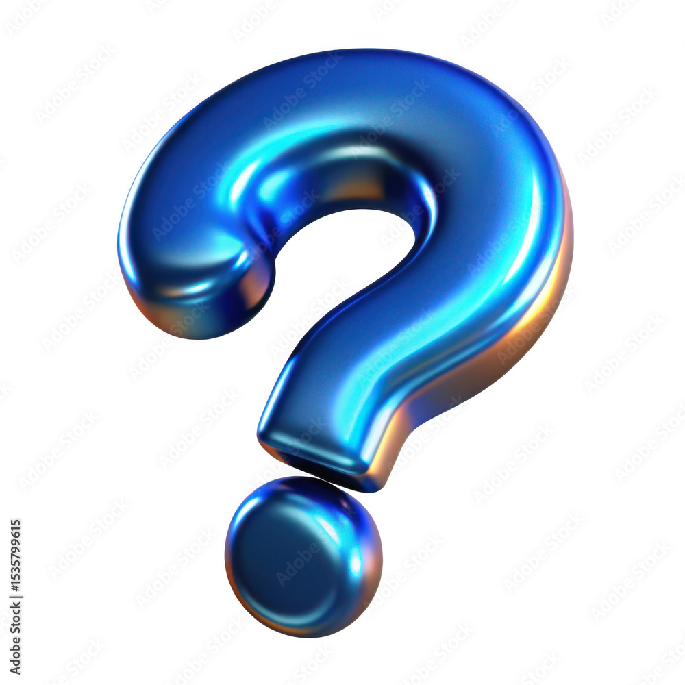 Poster 3d render of a blue metallic question mark isolated on transparent background
