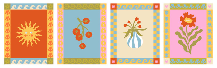 Vector hand drawn graphics, print design templates, summer and vacation theme, tropical illustrations, frames and borders in simple trendy naive cut out style with holiday floral illustrations