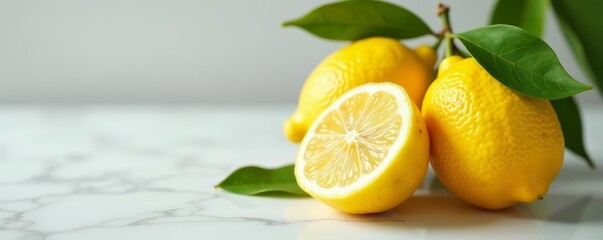 Close-up of fresh lemons on elegant marble counter, fruits, vibrant, lemons