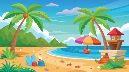 Cartoon Beach Scene with Palm Trees, Lifeguard Stand, Umbrella and Ocean View