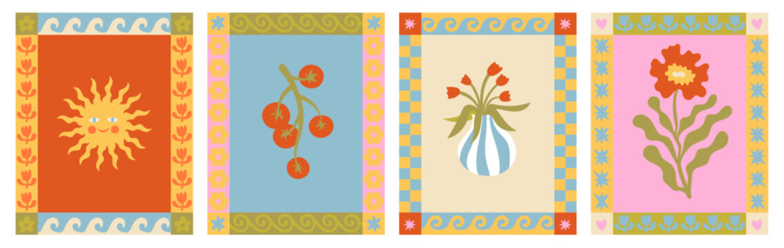 Vector hand drawn graphics, print design templates, summer and vacation theme, tropical illustrations, frames and borders in simple trendy naive cut out style with holiday floral illustrations