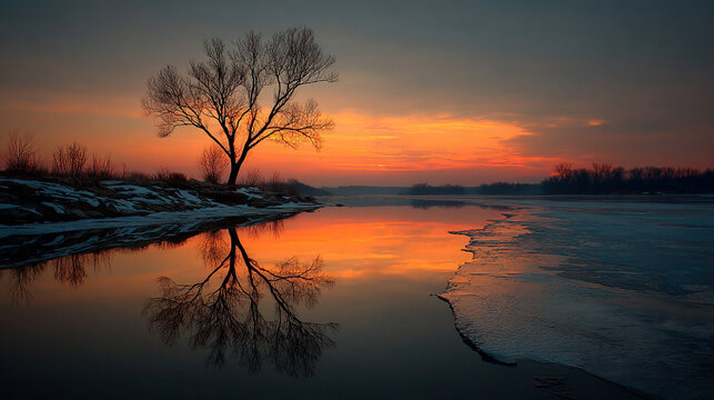 Bare tree reflected in water at sunset with ice on the shore and orange sky reflection.