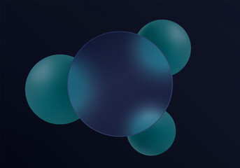 Dark glassmorphism circle panel with teal spheres