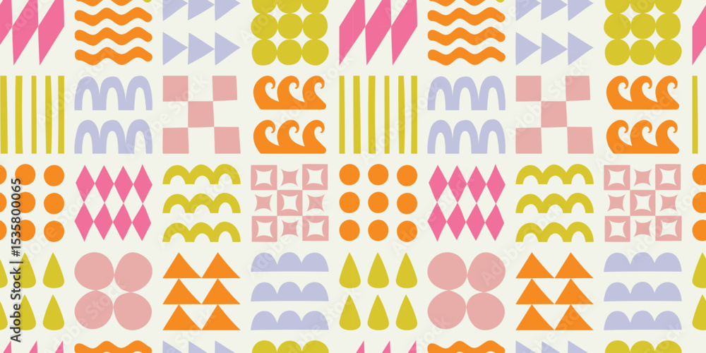Poster vector seamless pattern in simple groovy naive style, geometric shapes hand drawn design background,