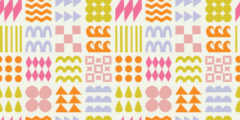 Vector seamless pattern in simple groovy naive style, geometric shapes hand drawn design background, modern art prints, surface design