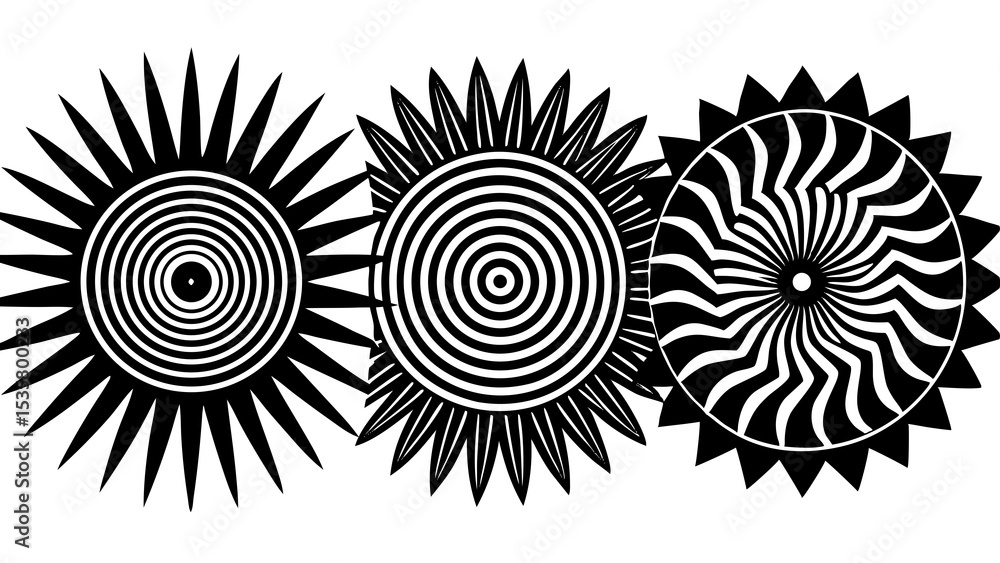 Poster striking black and white abstract sunburst designs displaying dynamic concentric circles and optical