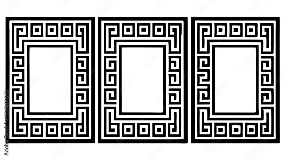 Poster three greek key pattern frames with rectangular white space for text or content in a black and white