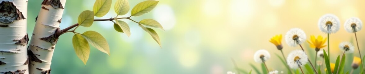 Soft pastel spring backgrounds featuring birch tree leaves and dandelion flowers, spring, nature, soft