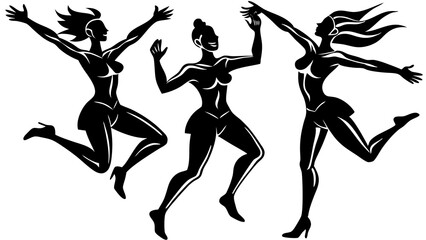 Silhouette depictions of three elegant women dancing in joyful exuberance showcasing movement and freedom on a pure white backdrop