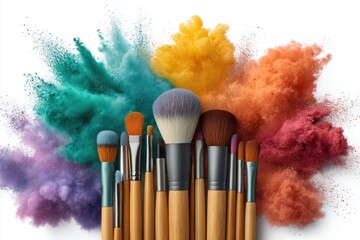 Makeup brushes with colorful powder on white background