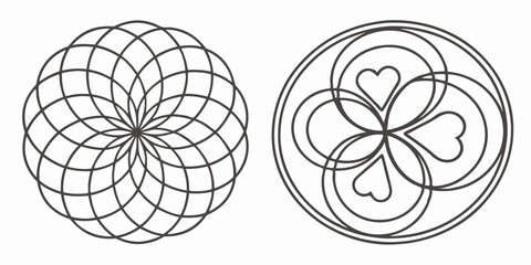 Two ornamental circular graphic designs featuring geometric and heart elements on a white transparent background