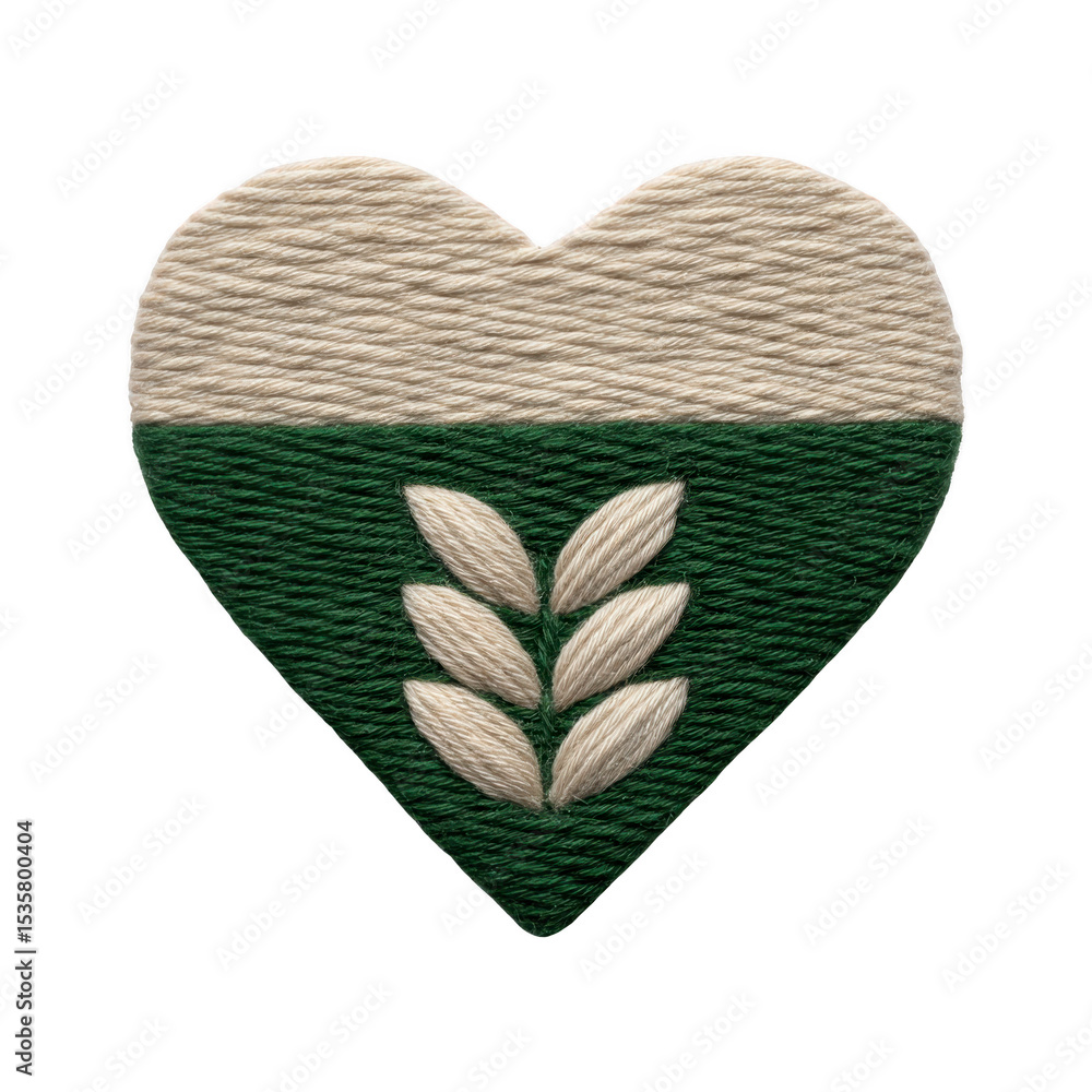 Poster heart shaped design made of textured fabric features green and beige color scheme with central leaf 