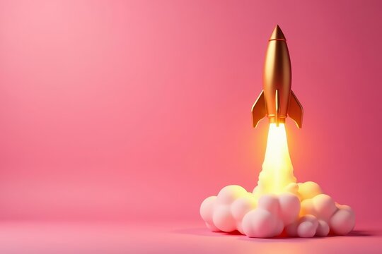 Sparkling golden rocket taking off against soft pink backdrop, soft, sparkling, rocket