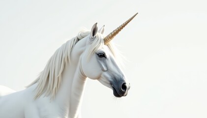 Stunning white unicorn with elegant features and majestic horn on white backdrop, majestic, horned, beautiful