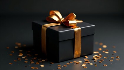 Stylish black gift box adorned with elegant gold confetti, festive decorations, Gift, box, stylish